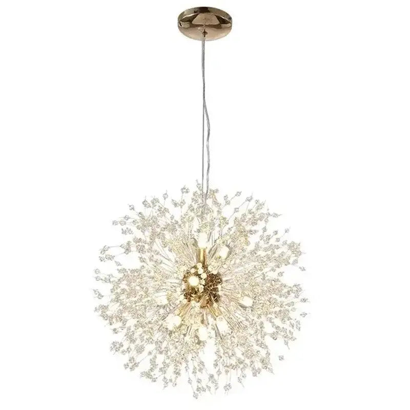 Modern gold crystal dandelion pendant light featuring sparkling crystal strands and brass fixture for dining room decorbites pendant lights