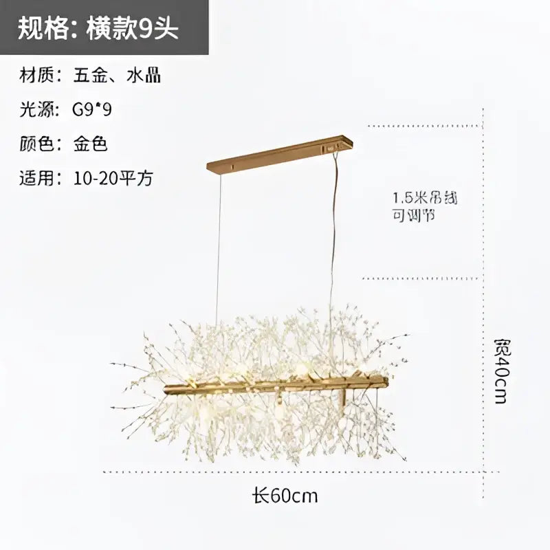 Modern gold crystal dandelion pendant light with rectangular wooden top and cascading crystals for dining room decorbites pendant lights