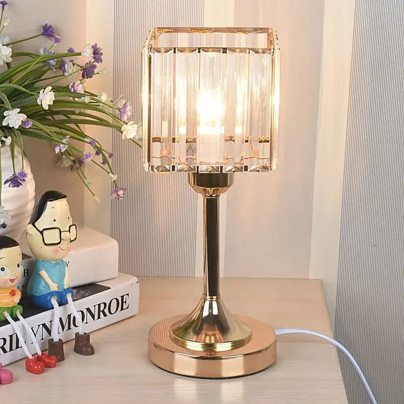 Modern gold crystal desk lamp with metal base and square glass shade featuring vertical crystal panels for bedroom decorbites crystal desk use