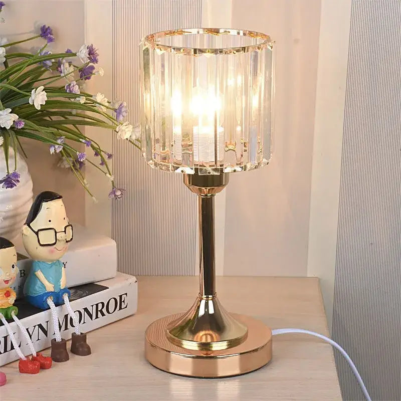 Modern gold crystal desk lamp with faceted glass shade and sleek metallic base ideal for bedroom decorbites crystal desk