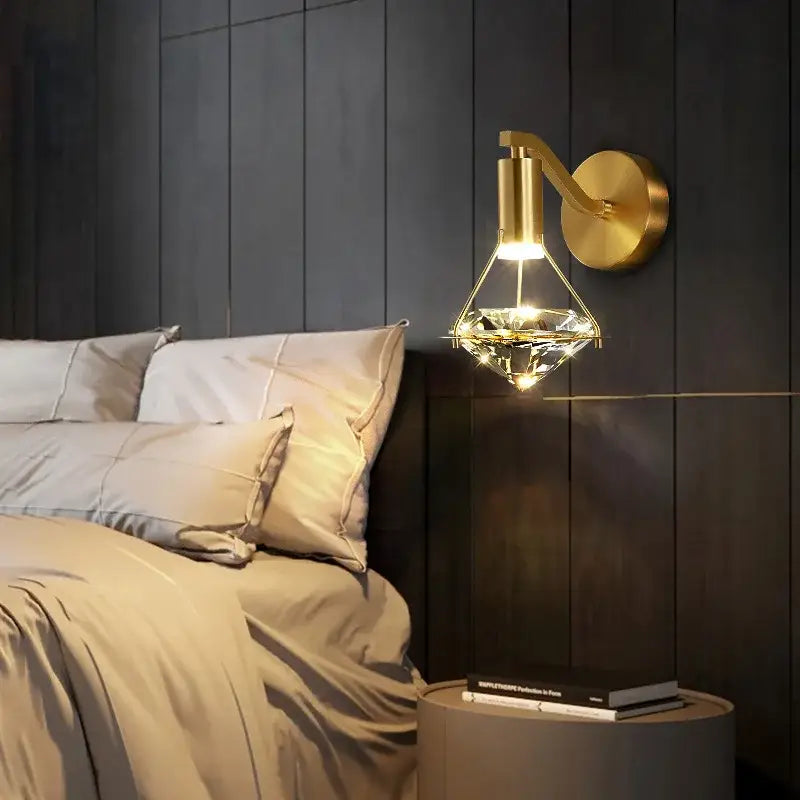 Modern gold wall lamp with faceted decorbites crystal diamond shade for luxury bedroom lighting