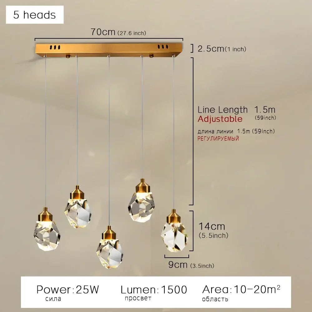 Modern gold crystal dining chandelier with five faceted decorbites k9 crystal pendants for bedroom and bar room decor
