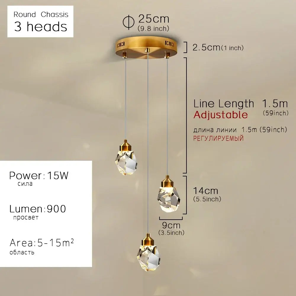 Modern gold crystal dining chandeliers with k9 crystal faceted shades and adjustable cords for bedroom and bar decorbites