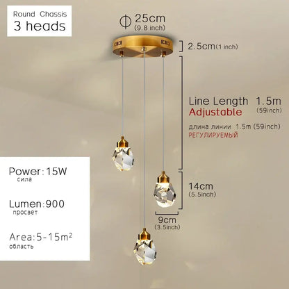Modern gold crystal dining chandeliers with k9 crystal faceted shades and adjustable cords for bedroom and bar decorbites