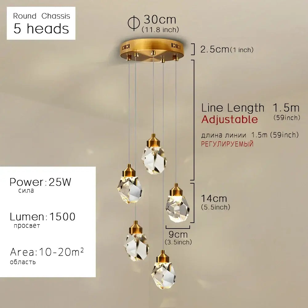 Modern gold crystal dining chandeliers featuring five faceted decorbites k9 crystal droplets for bedroom and bar room decor