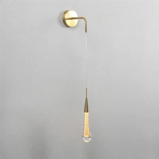 Modern gold crystal droplet wall lamp with a teardrop glass pendant filled with glowing golden beads for living room decorbites crystal droplet wall sconce