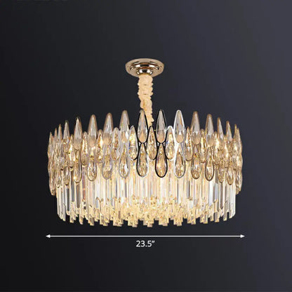 Decorbites minimalist k9 crystal drum pendant light with gold ceiling mount and cascading crystal droplets for living room