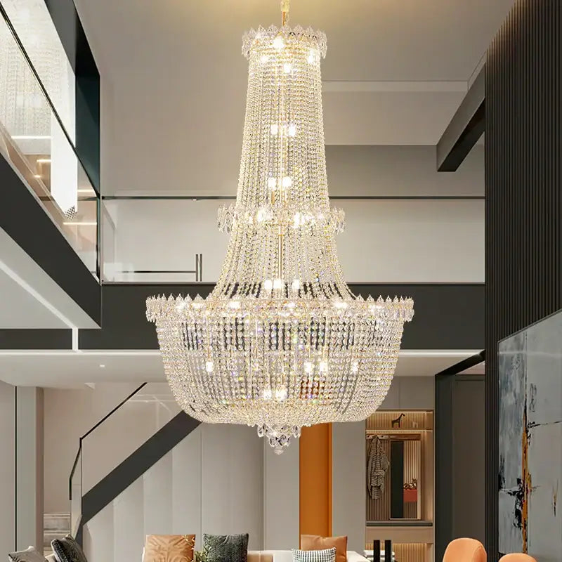Modern gold crystal duplex chandelier with multi-tiered crystal design and gold-toned frame for living room decorbites crystal duplex