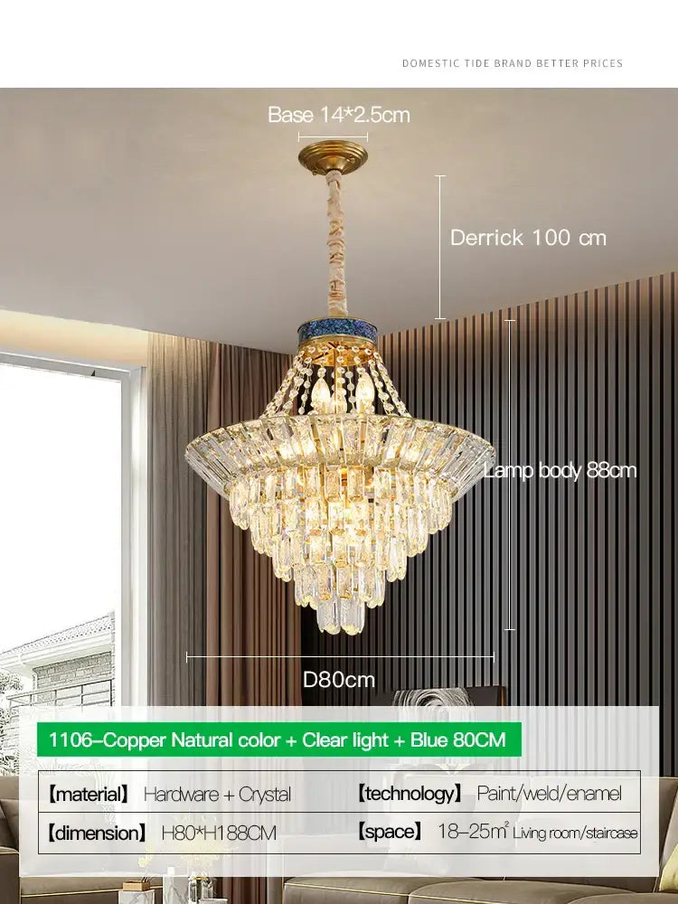 Modern gold crystal duplex chandelier with copper base and cascading clear crystals for elegant living room decorbites crystal duplex