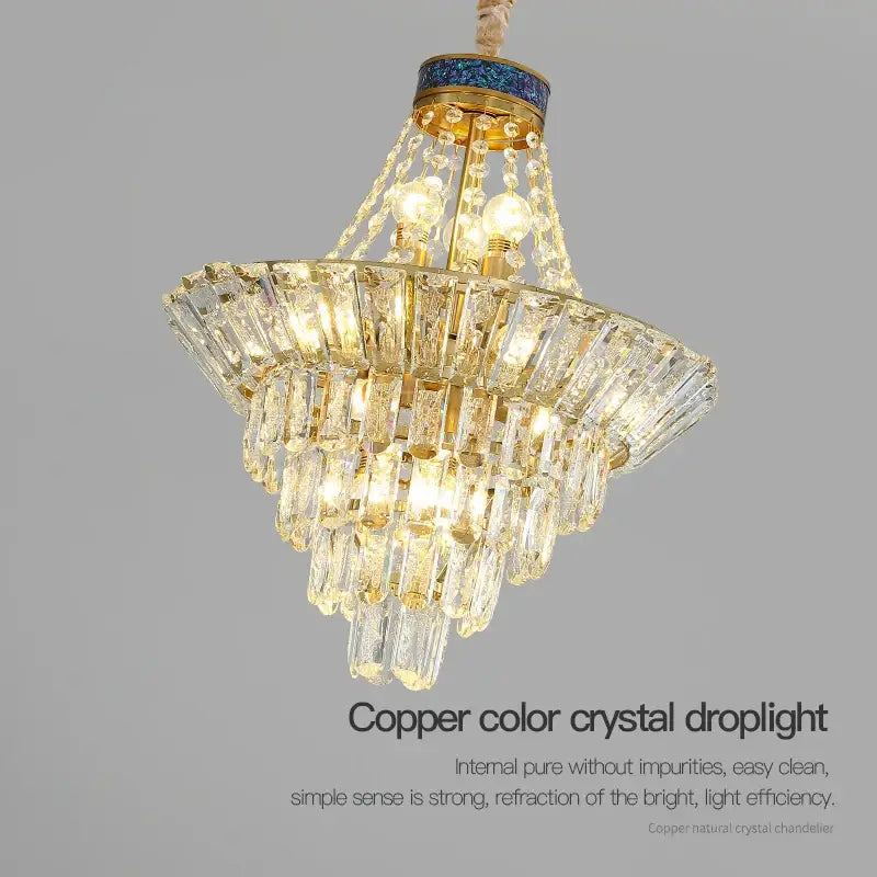 Modern gold crystal duplex chandelier featuring copper-colored faceted glass and blue mosaic accent for living room decorbites crystal duplex
