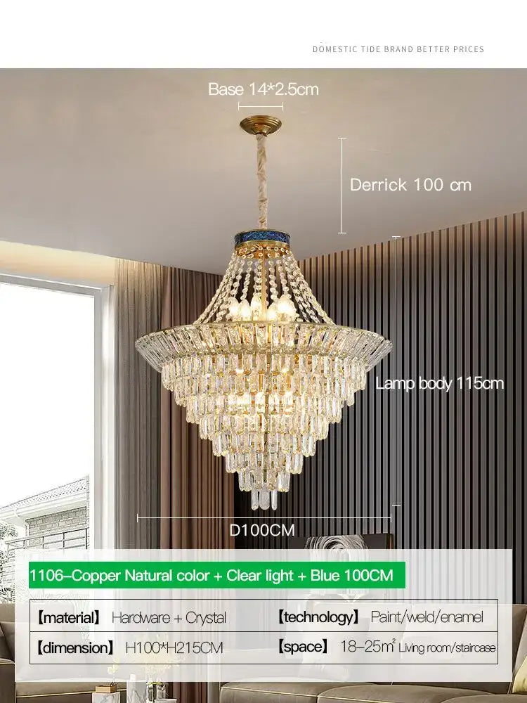 Modern gold crystal duplex chandelier with clear crystal droplets copper hardware and a blue accent ring by decorbites crystal