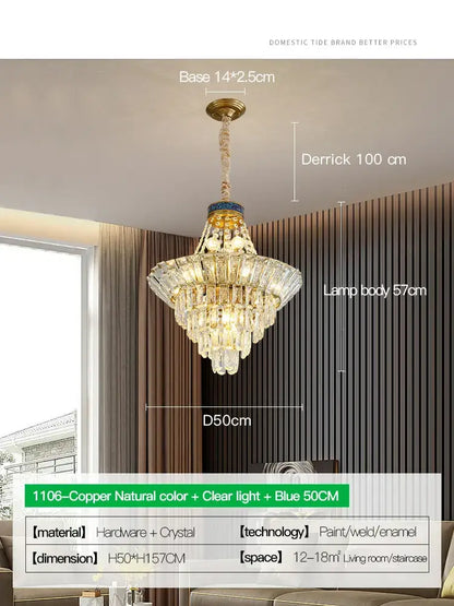 Modern gold crystal duplex chandelier pendant light with copper frame clear crystals and blue accents by decorbites crystal duplex