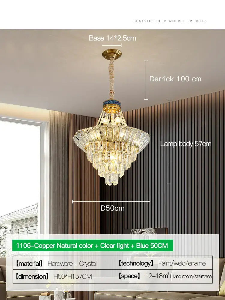 Modern gold crystal duplex chandelier pendant light with copper frame clear crystals and blue accents by decorbites crystal duplex