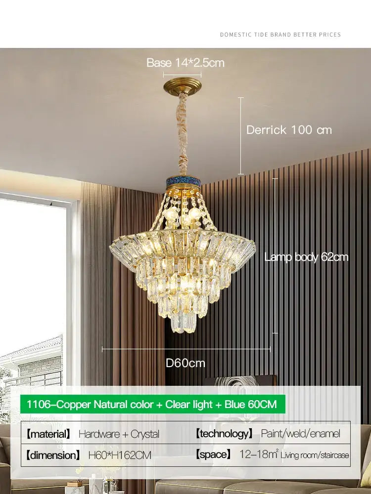 Modern gold crystal duplex chandelier featuring a copper base with blue accents and cascading clear crystals by decorbites crystal duplex