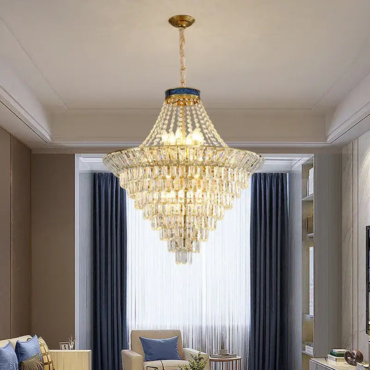 Modern gold crystal duplex chandelier with gold metal frame and cascading clear faceted crystals for living room decorbites crystal duplex