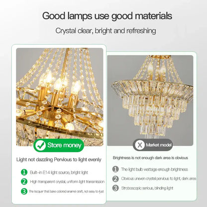 Modern gold crystal duplex chandelier featuring cascading crystal clear droplets and illuminated bulbs for living room decorbites crystal duplex