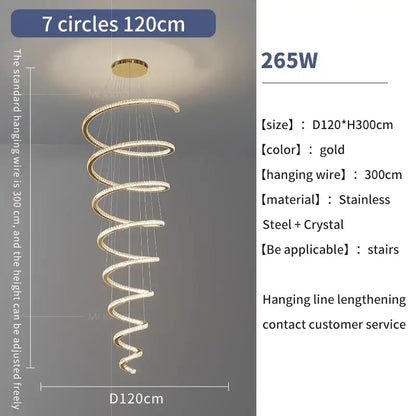Modern gold crystal duplex ring pendant light with seven glowing stainless steel and crystal spiral tiers for dining room decorbites crystal duplex chandelier