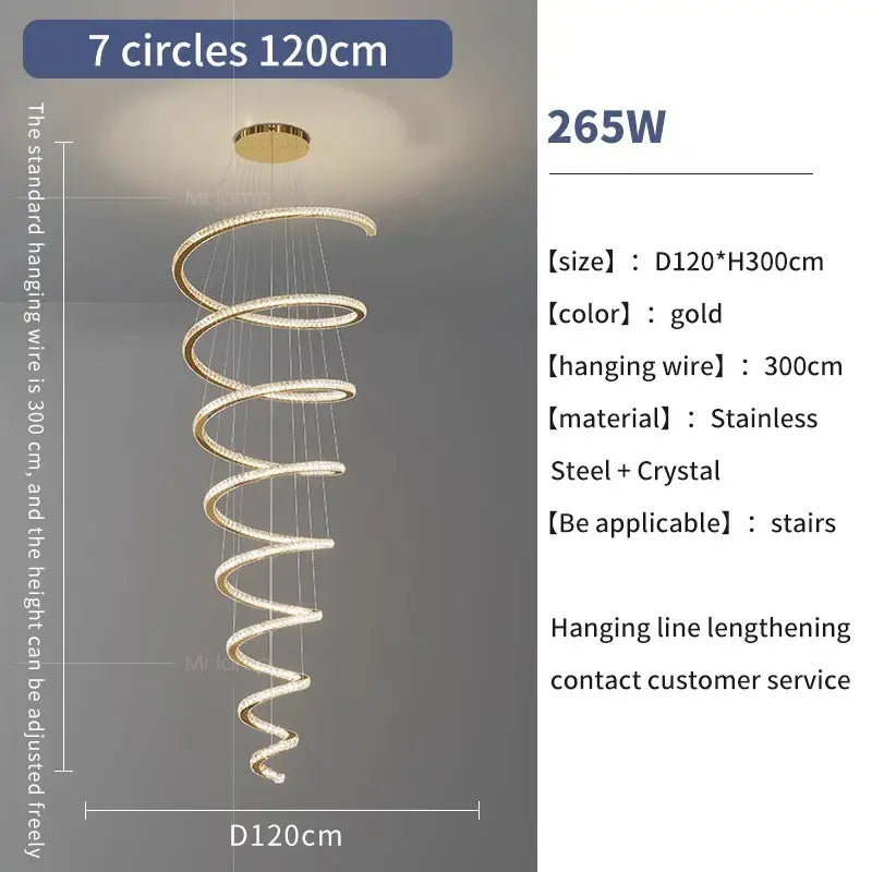 Modern gold crystal duplex ring pendant light with seven glowing stainless steel and crystal spiral tiers for dining room decorbites crystal duplex chandelier