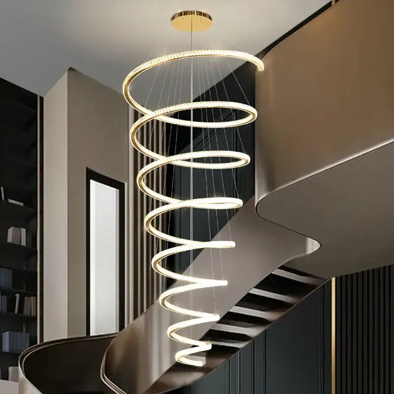 Modern gold crystal duplex ring pendant light featuring a golden spiral design with embedded LED lights for elegant decorbites decor