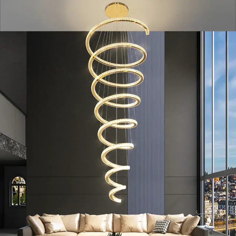 Modern gold crystal duplex ring pendant light featuring a golden spiral chandelier with embedded crystals for dining room decorbites crystal duplex