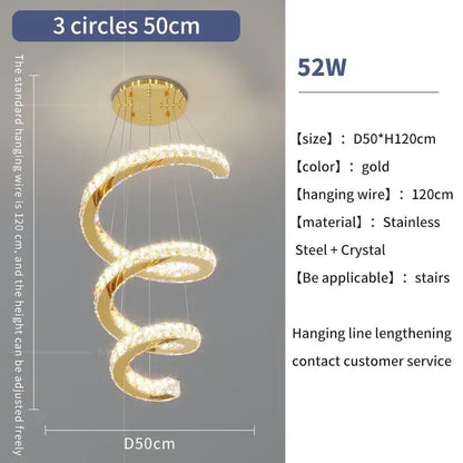 Modern gold crystal duplex ring pendant light featuring gold spiral chandelier with embedded crystals and stainless steel for staircases