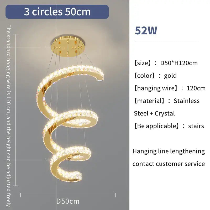 Modern gold crystal duplex ring pendant light featuring gold spiral chandelier with embedded crystals and stainless steel for staircases
