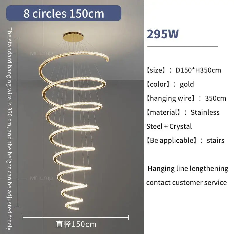 Modern gold crystal duplex ring pendant light with eight glowing stainless steel and crystal rings for staircases