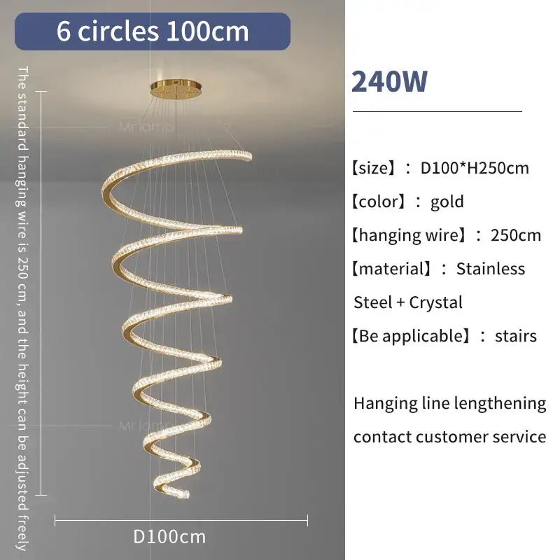 Modern gold crystal duplex ring pendant light with gold spiral design stainless steel and crystal six circular tiers chandelier