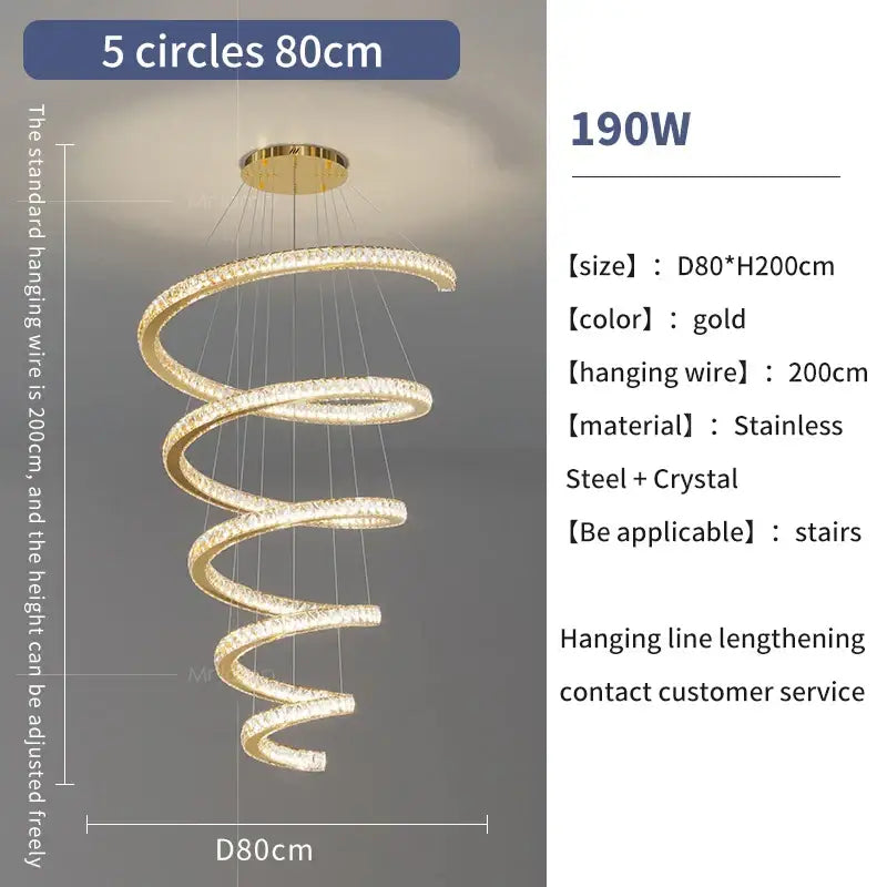 Modern gold crystal duplex ring pendant light with five glowing stainless steel and crystal rings for staircase decorbites