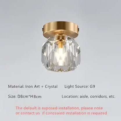 Modern gold crystal entrance ceiling lamp with faceted crystal globe and iron art base for balcony and hallway decorbites ceiling lamp