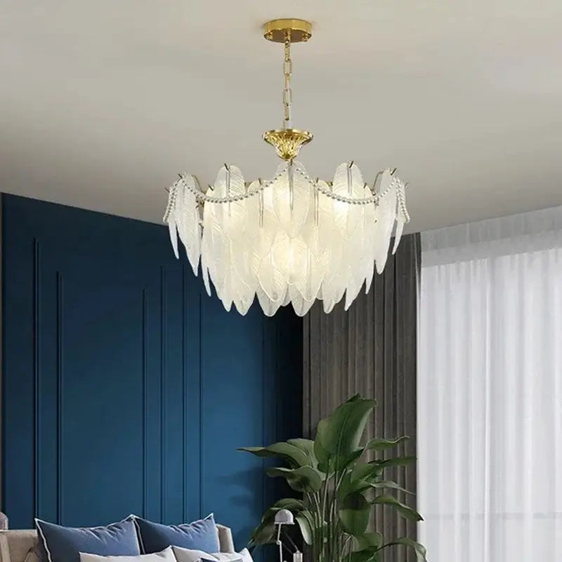 Elegant white feather-shaped modern gold crystal feather chandelier with gold-toned metal accents for living room decorbites crystal feather lighting