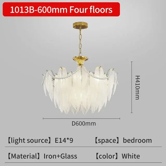 Modern gold crystal feather chandelier living room pendant light with white glass feathers and gold-toned iron frame by decorbites crystal feather