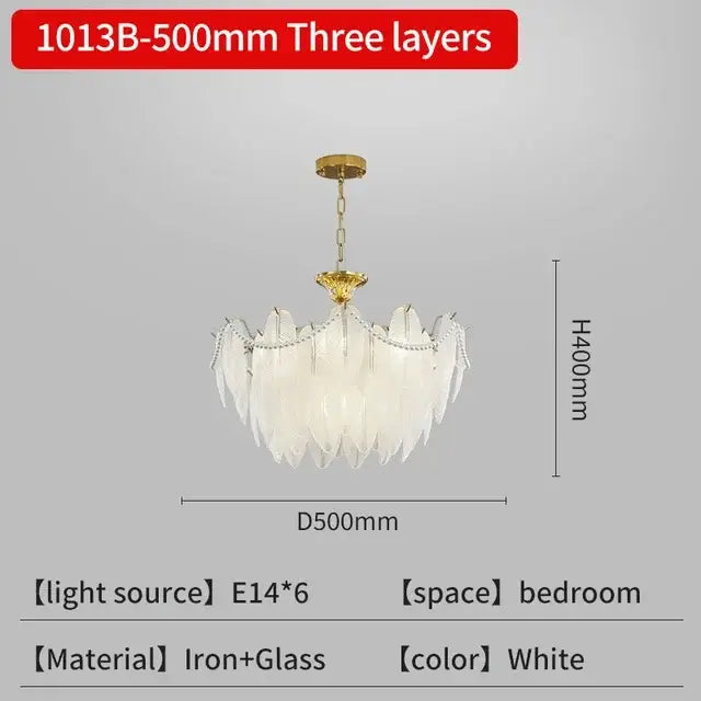 Modern gold crystal feather chandelier featuring a white three-layer design with glass feather shades and gold iron frame decorbites crystal feather