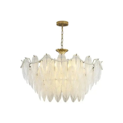 Elegant white decorbites crystal feather chandelier with gold-toned metal accents and beaded chain for living room decor