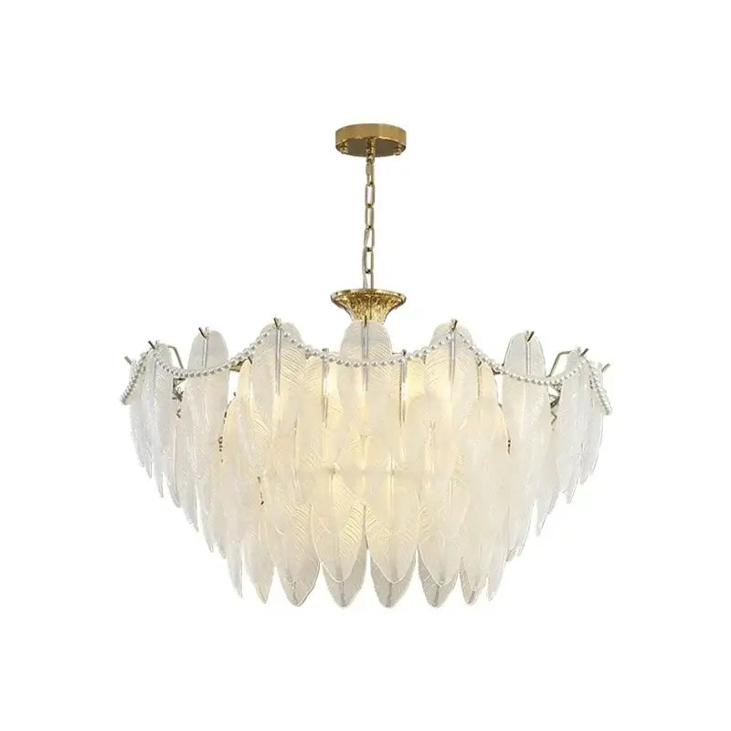 Elegant white decorbites crystal feather chandelier with gold-toned metal accents and beaded chain for living room decor