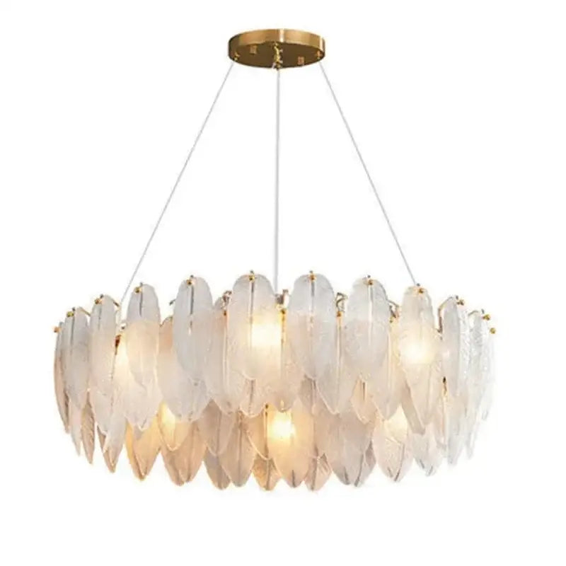Modern gold crystal feather chandelier with translucent layered glass feather shades for living room decorbites crystal feather