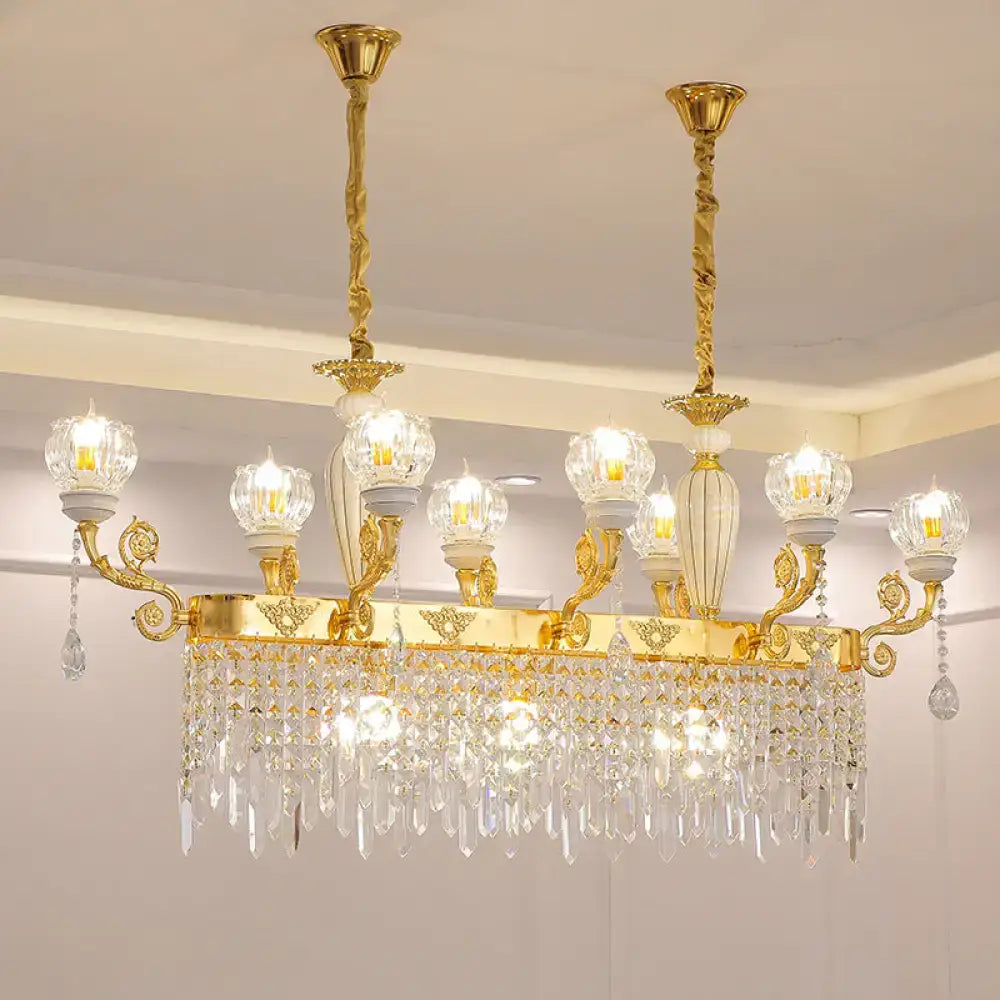 Gold-toned decorbites crystal floral island pendant lamp light fixture with twisted arms and crystal droplets for dining room