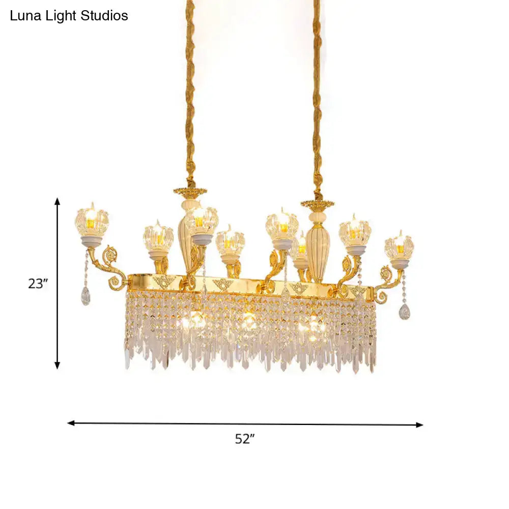 DecorBites crystal floral island pendant lamp is a gold light fixture with crystal droplets for modern dining room lighting
