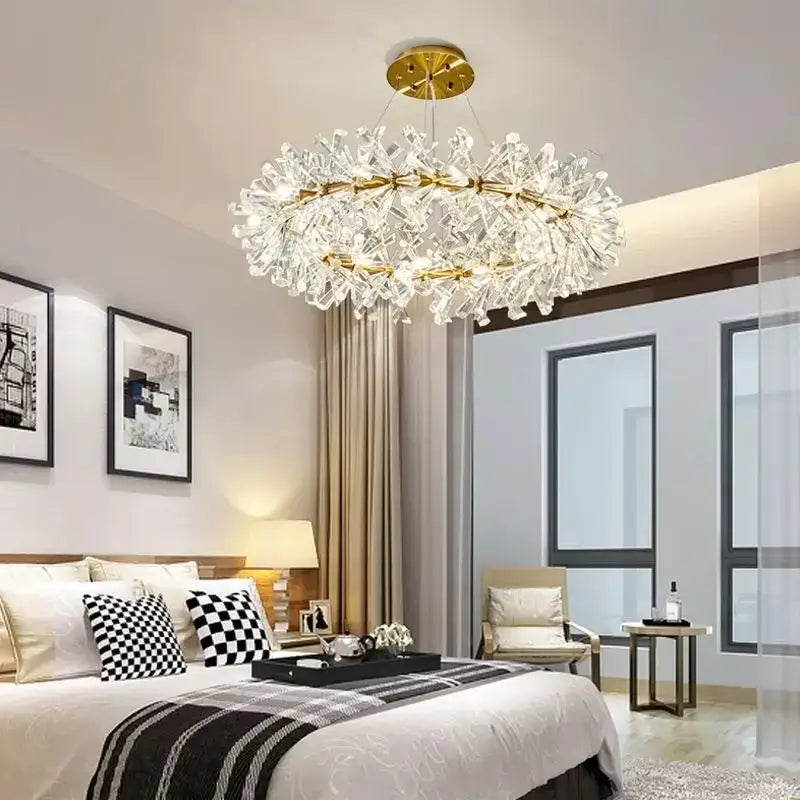 Modern gold crystal flower chandelier with a circular metal frame and clear crystals by decorbites crystal flower decorbites crystal