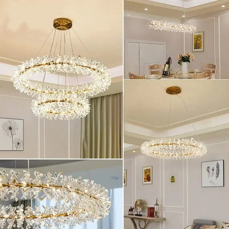 Modern gold crystal flower chandelier with double-ring clear crystal accents and metal frames for living room decorbites crystal flower