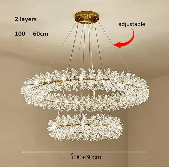 Modern gold crystal flower chandelier with double-tier design and cascading crystal clusters for elegant living room decorbites crystal flower lighting