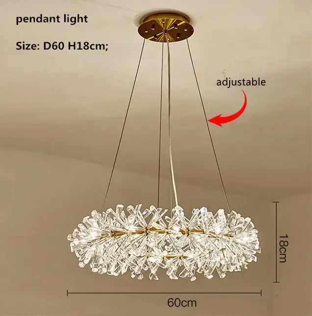 Modern gold crystal flower chandelier with circular design and clear crystal shards, suspended by adjustable chains for living room decorbites crystal flower lighting
