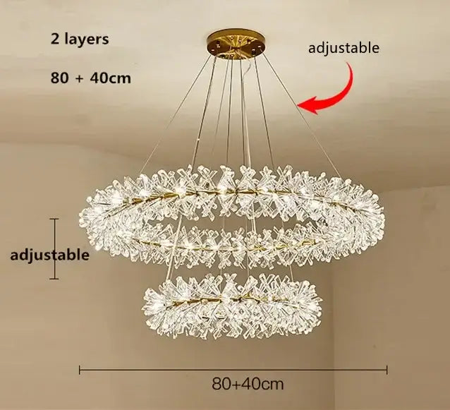 Modern gold crystal flower chandelier with two-tiered gold frame and glass floral pieces by decorbites crystal flower