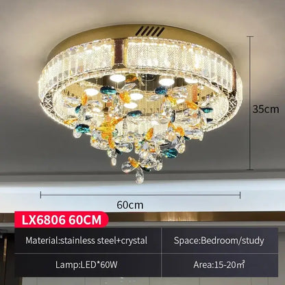 Modern gold crystal flower led ceiling lamps feature a gold stainless steel frame with multicolored crystal droplets for living room decorbites ceiling lamps