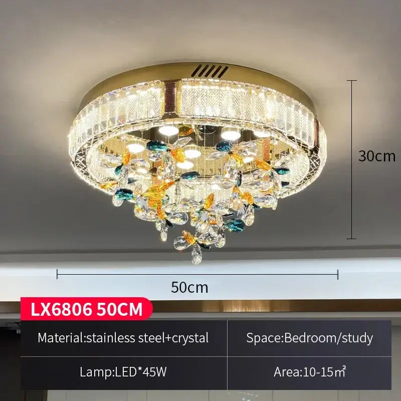 Modern gold crystal flower led ceiling light with gold stainless steel frame and blue amber crystal droplets decorbites ceiling light