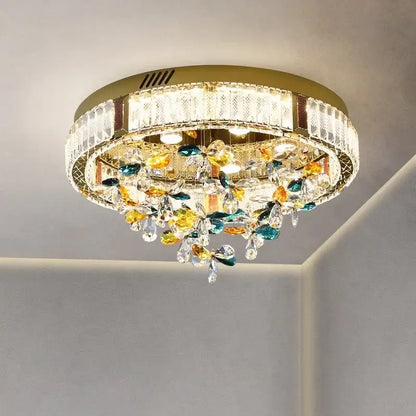 Modern gold crystal flower led ceiling light with colorful crystal droplets for elegant living room decorbites decor