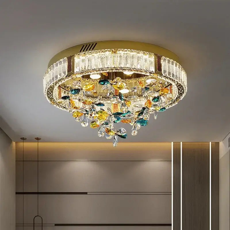 Modern gold crystal flower led ceiling light with gold metal frame and colorful crystal droplets for living room decorbites decor