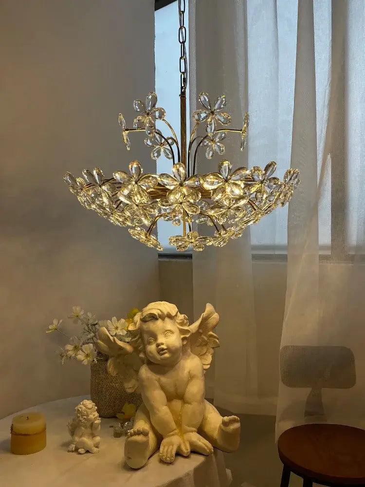 Modern gold crystal flower pendant chandelier featuring gold tone and clear faceted crystal flower elements for living room decorbites crystal flower