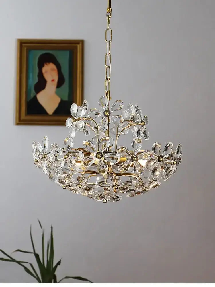 Modern gold crystal flower pendant chandelier featuring clear faceted crystal flowers for living room decorbites decor