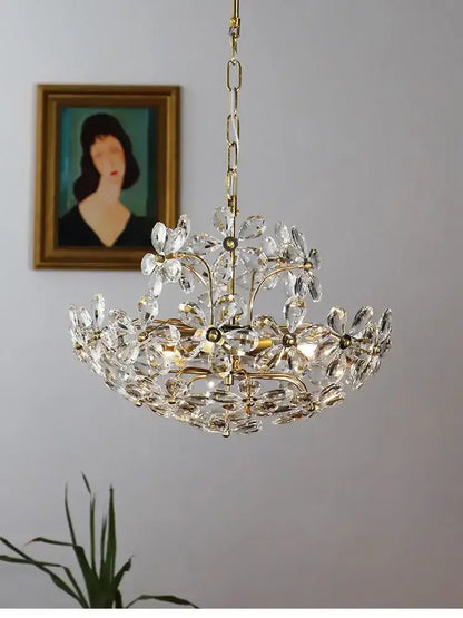 Modern gold crystal flower pendant chandelier featuring clear faceted crystal flowers for living room decorbites decor